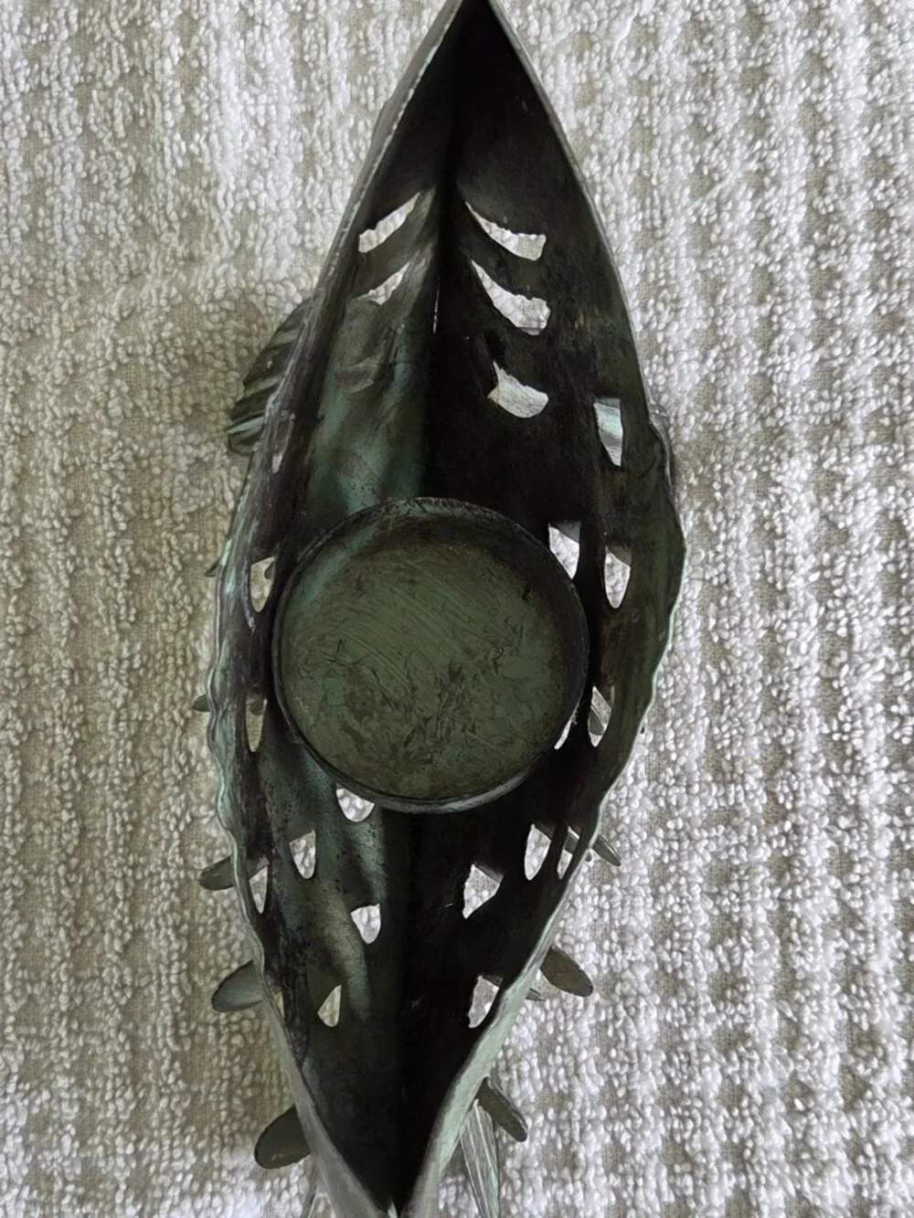Metal Fish Tea Light Candle Holder Green Rustic Steel Sculpture 9” Cabin